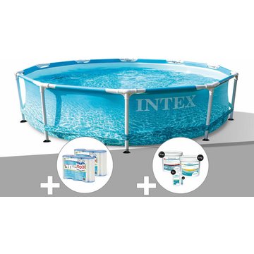 Intex Piscine - Kit piscine tubulaire Metal Frame Ocean ronde 3,05 x 0,76 m + 6 cartouches de filtration + Kit de traitement au chlore - Bleu