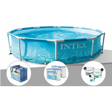 Intex Piscine - Kit piscine tubulaire Metal Frame Ocean ronde 3,05 x 0,76 m + Bâche à bulles + 6 cartouches de filtration + Kit de traitement au chlore - Bleu