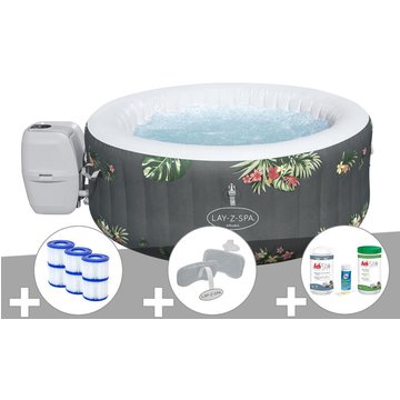 Kit spa gonflable Bestway Lay-Z-Spa Aruba rond Airjet 2/3 places + 6 filtres + Kit traitement brome + 2 appuie-têtes