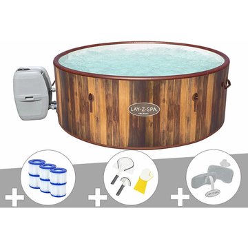 Kit spa gonflable Bestway Lay-Z-Spa Helsinki rond Airjet 5/7 places + 6 filtres + Kit de nettoyage + 2 appuis-tête - Marron