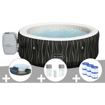 Bestway - Kit spa gonflable Lay-Z-Spa Hollywood rond Airjet 4/6 places + Ensemble mobilier + 6 filtres + Kit traitement brome - Noir