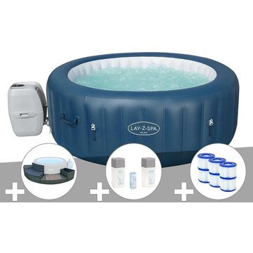 Bestway - Kit spa gonflable Lay-Z-Spa Milan rond Airjet Plus 4/6 places + Ensemble mobilier + 6 filtres + Kit traitement brome - Bleu