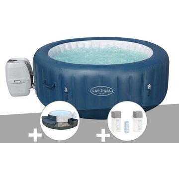 Bestway - Kit spa gonflable Lay-Z-Spa Milan rond Airjet Plus 4/6 places + Ensemble mobilier + Kit traitement au brome - Bleu