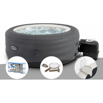Intex Piscine - Kit spa gonflable PureSpa Access rond Bulles 4 places + 6 filtres + Kit d'entretien + Porte-verre - Gris