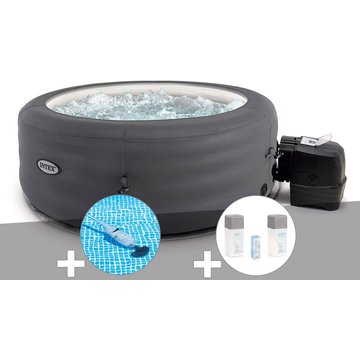 Intex Piscine - Kit spa gonflable PureSpa Access rond Bulles 4 places + Aspirateur + Kit traitement brome - Gris
