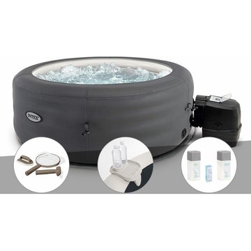 Intex Piscine - Kit spa gonflable PureSpa Access rond Bulles 4 places + Kit d'entretien + Porte-verre + Kit de traitement brome - Gris
