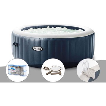 Kit spa gonflable Intex PureSpa Blue Navy rond Bulles 4 places + 6 filtres + Kit d'entretien + Porte-verre - Bleu