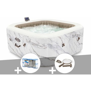 Kit spa gonflable Intex PureSpa Calacatta carré à bulles, 4 places + 6 filtres + Kit d'entretien - Blanc