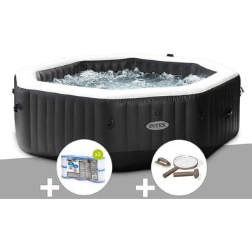 Kit spa gonflable Intex Piscine PureSpa Carbone octogonal Bulles et Jets 6 places + 12 filtres + Kit d'entretien - Noir
