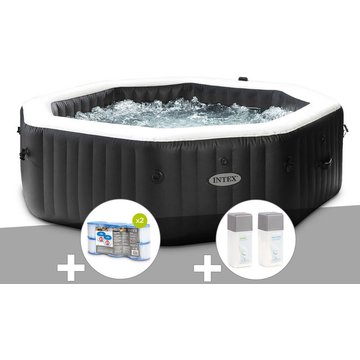 Kit spa gonflable Intex PureSpa Carbone octogonal Bulles et Jets 6 places + 12 filtres + Kit traitement brome - Noir
