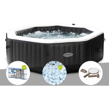 Kit spa gonflable Intex Piscine PureSpa Carbone octogonal Bulles et Jets 6 places + 12 filtres + 5 kg de sel + Kit d'entretien - Noir