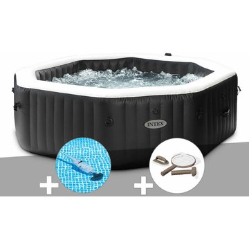 Kit spa gonflable Intex Piscine PureSpa Carbone octogonal Bulles et Jets 6 places + Aspirateur + Kit d'entretien - Noir