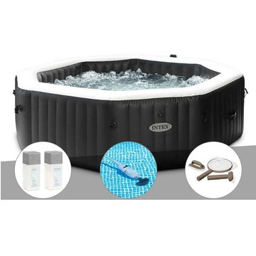 Kit spa gonflable Intex Piscine PureSpa Carbone octogonal Bulles et Jets 6 places + Kit traitement brome + Aspirateur + Kit d'entretien - Noir