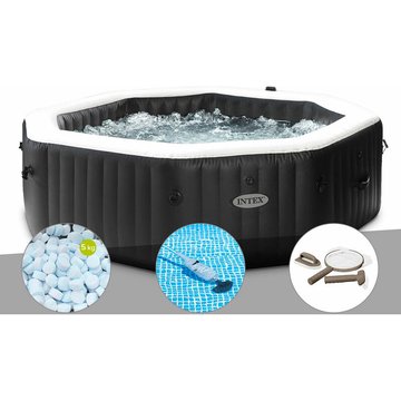 Kit spa gonflable Intex PureSpa Carbone octogonal avec bulles et jets, 6 places + 5 kg de sel + aspirateur + kit d'entretien - Noir