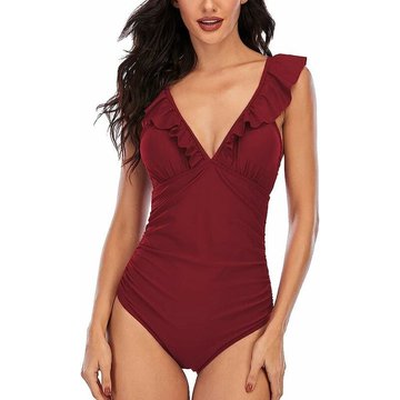 Maillot de Bain WAHAISON 1 pièce pour Femme Costume de Natation Piscine à col en V à Volants Contrôle Ventre Bikini Amincissant Push Up (Bourgogne, S)