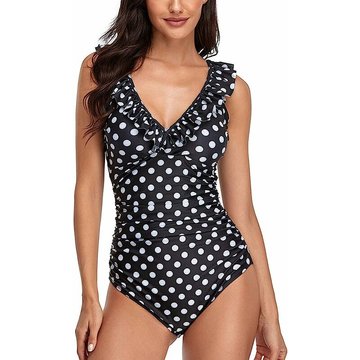 Maillot de Bain WAHAISON 1 pièce pour Femme Costume de Natation Piscine à col en V à Volants Contrôle Ventre Bikini Amincissant Push Up (Noir, 2XL)