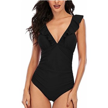 Maillot de bain 1 pièce WAHAISON pour femme, costume de natation piscine à col en V, à volants, contrôle du ventre, bikini amincissant Push Up, noir, L
