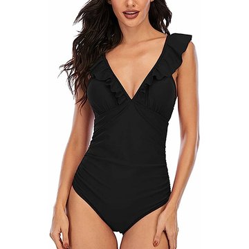 Maillot de Bain WAHAISON 1 pièce pour Femme Piscine Costume de Natation à col en V à Volants Contrôle Ventre Bikini Amincissant Push Up (Noir, XL)