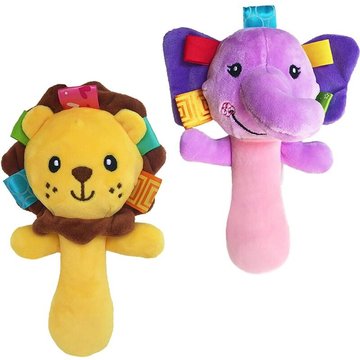 Manivelle en peluche douce pour bébé en peluche de dessin animé - Éléphant et lion (paquet de 2)
