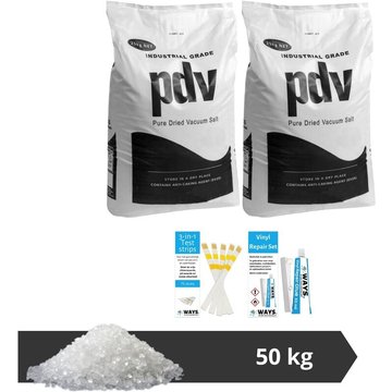 Pack économique PDV - Sel de piscine - 50 kg (2 x 25) & kit de réparation avec bandes de test - Blanc