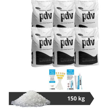 Pack économique PDV - Sel de piscine - 150 kg (6 x 25) & kit de réparation pour piscine, bandes de test et ways - Blanc