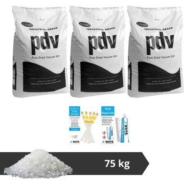 PDV - Pack économique - Sel de piscine - 75 kg (3 x 25 kg) & kit de réparation avec bandes de test - Blanc