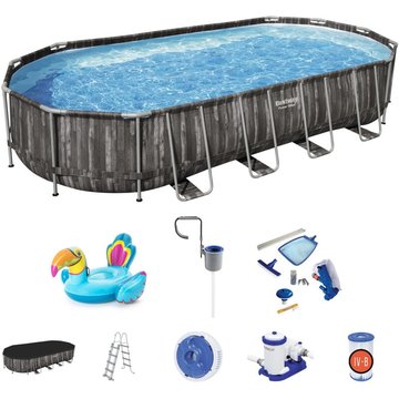 Pack Piscine Bestway Power Steel Ovale 732x366x122 cm avec Pompe Épurateur, Kit Entretien, Couverture, Échelle et Bouée Gonflable