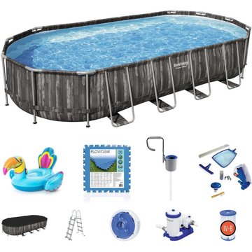 Pack Piscine Bestway Power Steel Ovale 732x366x122 cm Épurateur, Kit Entretien, Couverture, Tapis de Sol, Échelle, Bouée Gonflable