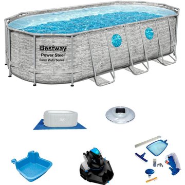Pack Piscine Bestway Power Steel Ovale 549x274x122 cm et Accessoires d'Entretien de Piscine avec Robot Nettoyeur Inclus