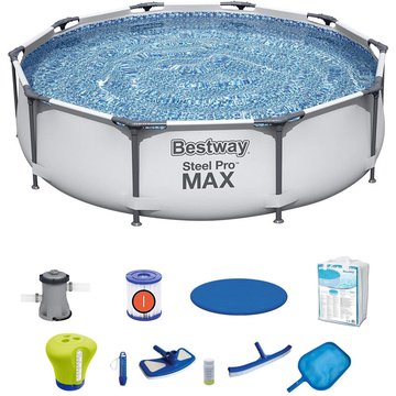Pack Piscine Hors Sol Tubulaire Bestway Steel Pro Max Ø305x100 cm, Épurateur, Échelle, Bâche, Kit de Nettoyage, Thermo-Klor