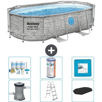 Piscine Bestway ovale Power Steel Swim Vista - Effet pierre - 427 x 250 x 100 - Comprend des accessoires CB30