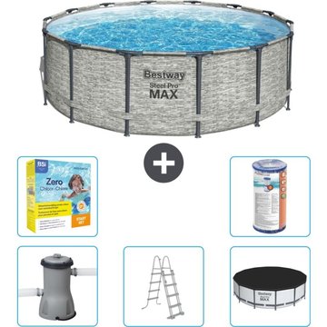 Piscine Bestway ronde Steel Pro MAX - Impression pierre - 427 x 122 cm - Comprend des accessoires CB33 - Gris