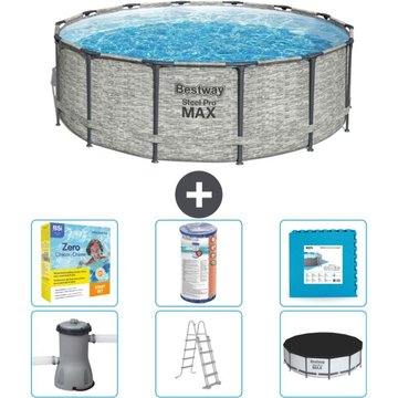 Piscine Bestway ronde Steel Pro MAX - Impression pierre - 427 x 122 cm - Comprend des accessoires CB34 - Gris