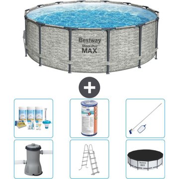 Piscine Bestway ronde Steel Pro MAX - Impression pierre - 427 x 122 cm - Comprend des accessoires CB32 - Gris