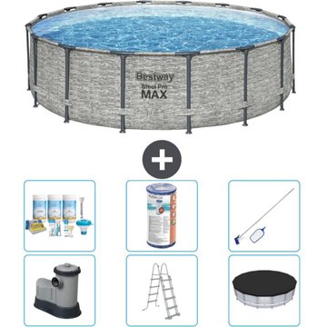 Piscine Bestway ronde Steel Pro MAX - Impression pierre - 488 x 122 cm - Comprend des accessoires CB32