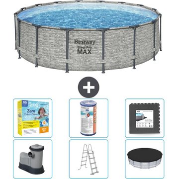Piscine Bestway ronde Steel Pro MAX - Impression pierre - 488 x 122 cm - Comprend des accessoires CB35