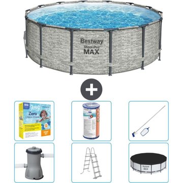 Piscine Bestway ronde Steel Pro MAX - Impression pierre - 427 x 122 cm - Comprend des accessoires CB36 - Gris