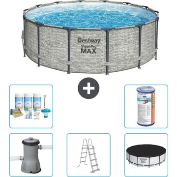 Piscine Bestway ronde Steel Pro MAX - Impression pierre - 427 x 122 cm - Comprend des accessoires CB29 - Gris