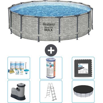 Piscine Bestway ronde Steel Pro MAX - Impression pierre - 488 x 122 cm - Comprend des accessoires CB31