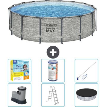 Piscine Bestway ronde Steel Pro MAX - Impression pierre - 488 x 122 cm - Comprend des accessoires CB36 - Grise