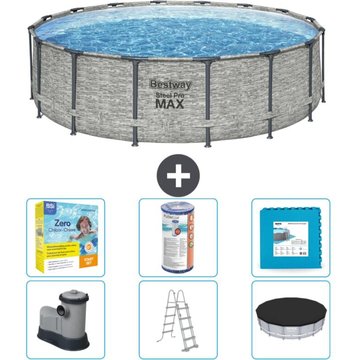 Piscine Bestway ronde Steel Pro MAX - Impression pierre - 488 x 122 cm - Comprend des accessoires CB34 - Gris