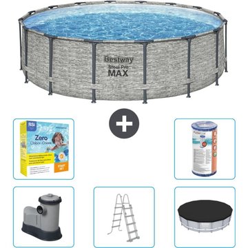 Piscine Bestway ronde Steel Pro MAX - Impression pierre - 488 x 122 cm - Comprend des accessoires CB33 - Gris