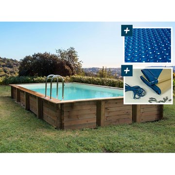 Piscine bois en kit rectangle Oceano - Habitat et Jardin - 9.20 x 5.20 x 1.44 m - Bâche à bulles 400 µ - Bâche hiver 280 g/m²