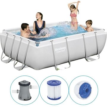 Power Steel - Piscine tubulaire Bestway avec pompe de filtration - 282x196x84 cm - Rectangulaire - Gris