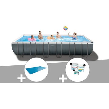 Intex Piscine - Kit piscine tubulaire Ultra XTR Frame rectangulaire 7,32 x 3,66 x 1,32 m + Bâche à bulles + Kit de traitement au chlore - Gris