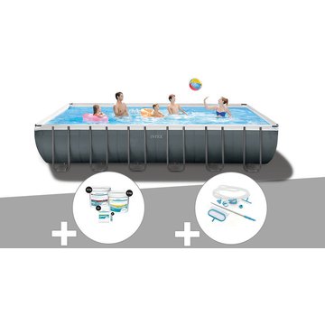 Kit piscine tubulaire Intex Piscine Ultra XTR Frame rectangulaire 7,32 x 3,66 x 1,32 m + Kit de traitement au chlore + Kit d'entretien - Gris