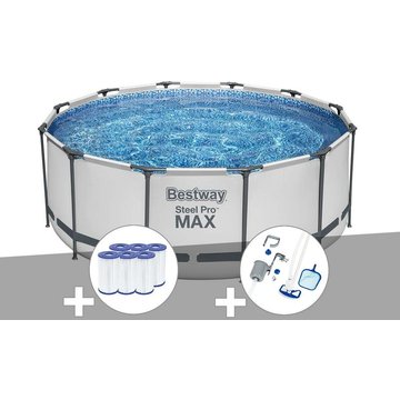 Kit piscine tubulaire Bestway Steel Pro Max ronde 3,66 x 1,22 m + 6 cartouches de filtration + Kit d'entretien - Blanc
