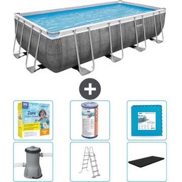 Piscine Rectangulaire Bestway Power Steel - Impression Rotin - 488 x 244 x 122 - Comprend des Accessoires CB34 - Gris