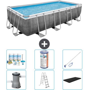 Piscine Rectangulaire Bestway Power Steel - Impression Rotin - 488 x 244 x 122 cm - Comprend des Accessoires CB32 - Grise