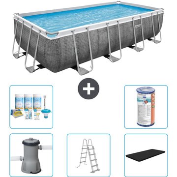 Piscine Rectangulaire Bestway Power Steel - Impression Rotin - 488 x 244 x 122 - Comprend des Accessoires CB29 - Gris